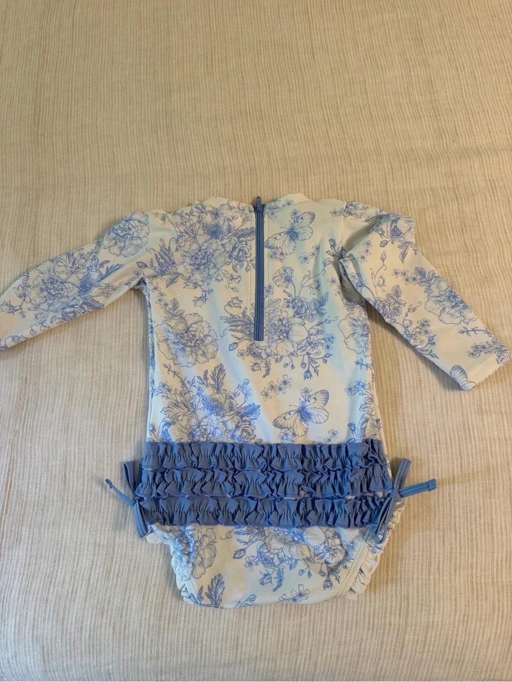 Ruffle Butts Blue and White Floral Long-Sleeve One-Piece Swimsuit